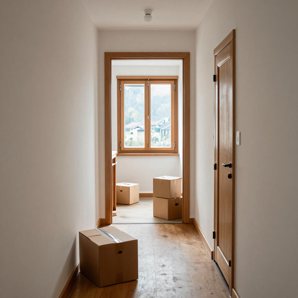 Geräumter Hausflur mit wenigen Kartons