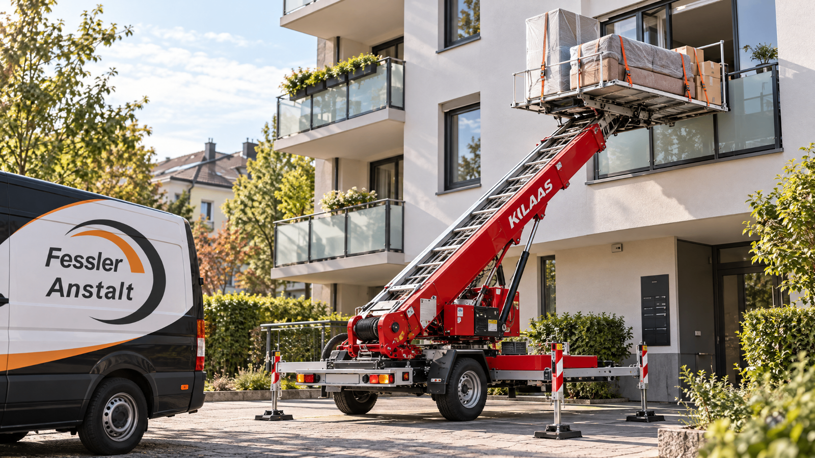 Möbellift beim Transport von geschütztem Mobiliar an einem Wohnhaus