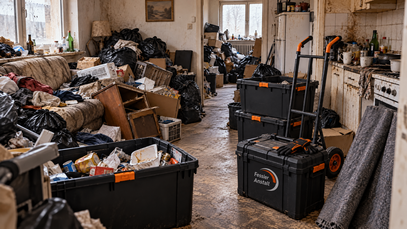 Überfüllte Wohnung mit herumliegenden Gegenständen und Fessler-Transportboxen