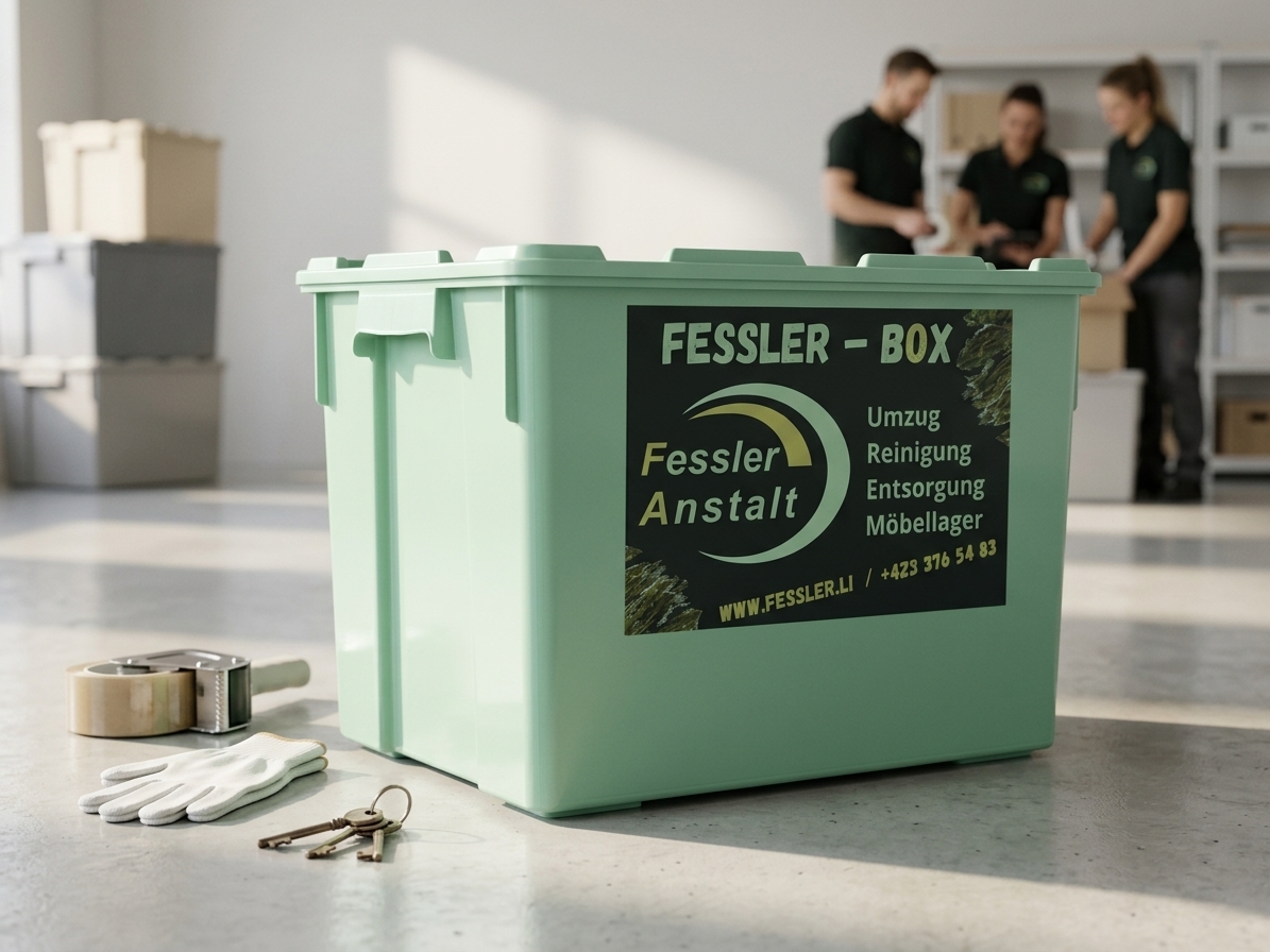 Grüne Fessler Umzugsbox mit Deckel und Firmenaufdruck