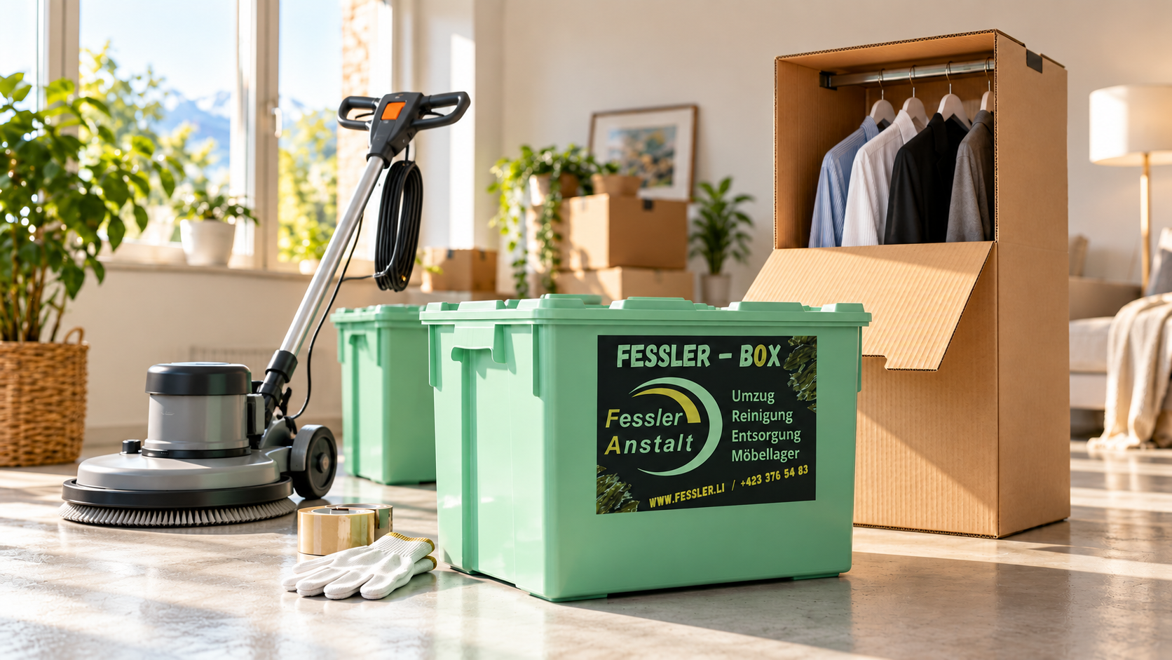 Grüne Fessler Umzugsboxen, Kleiderbox und professionelle Einscheibenmaschine