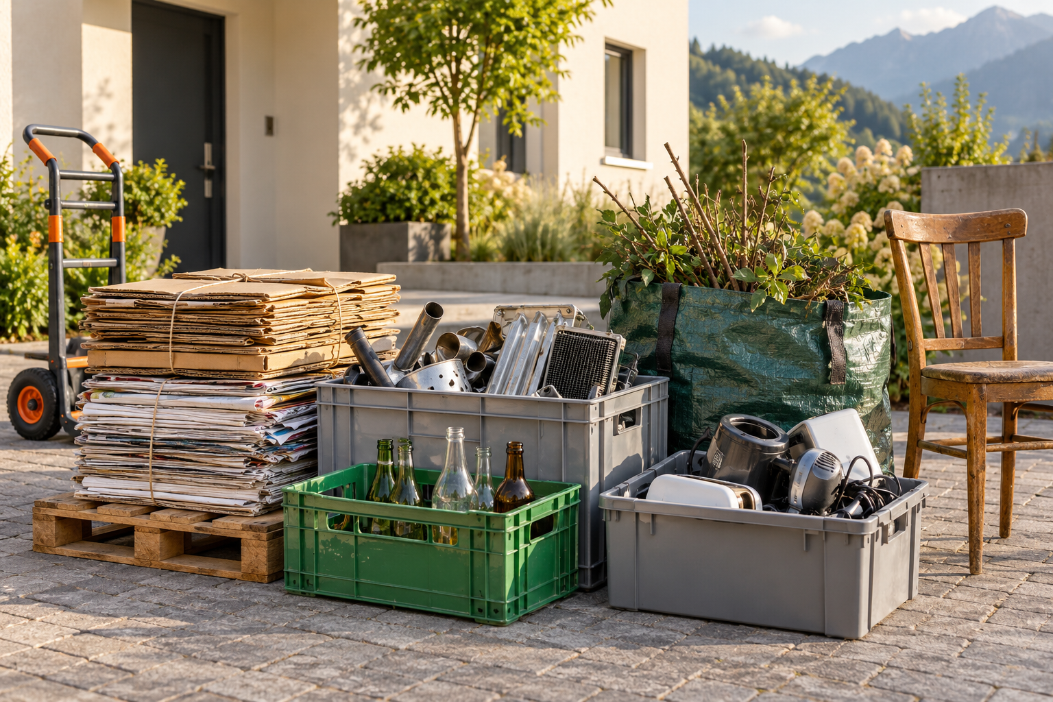 Symbolbild getrennt bereitgestellter Wertstoffe, Elektrogeräte und Gartenmaterialien für die Abholung