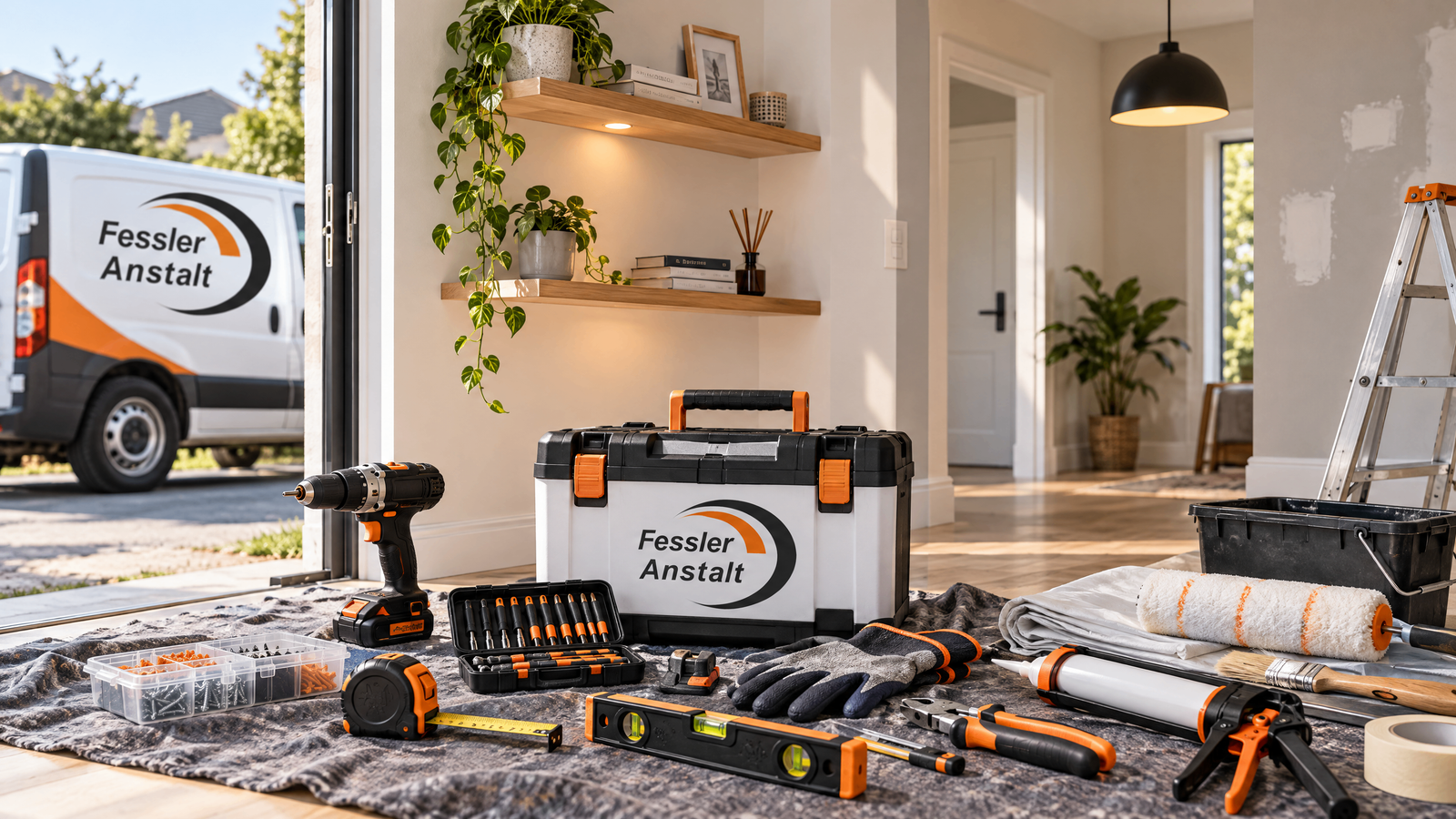 Fessler Werkzeugkoffer mit Akkuschrauber und Montageutensilien in einer Wohnung