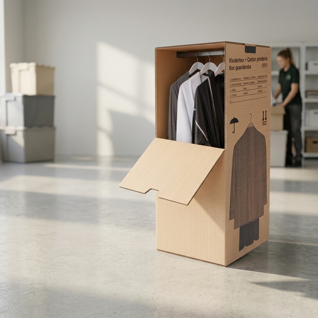 Kleiderbox mit Kleiderstange und hängenden Hemden und Jacken
