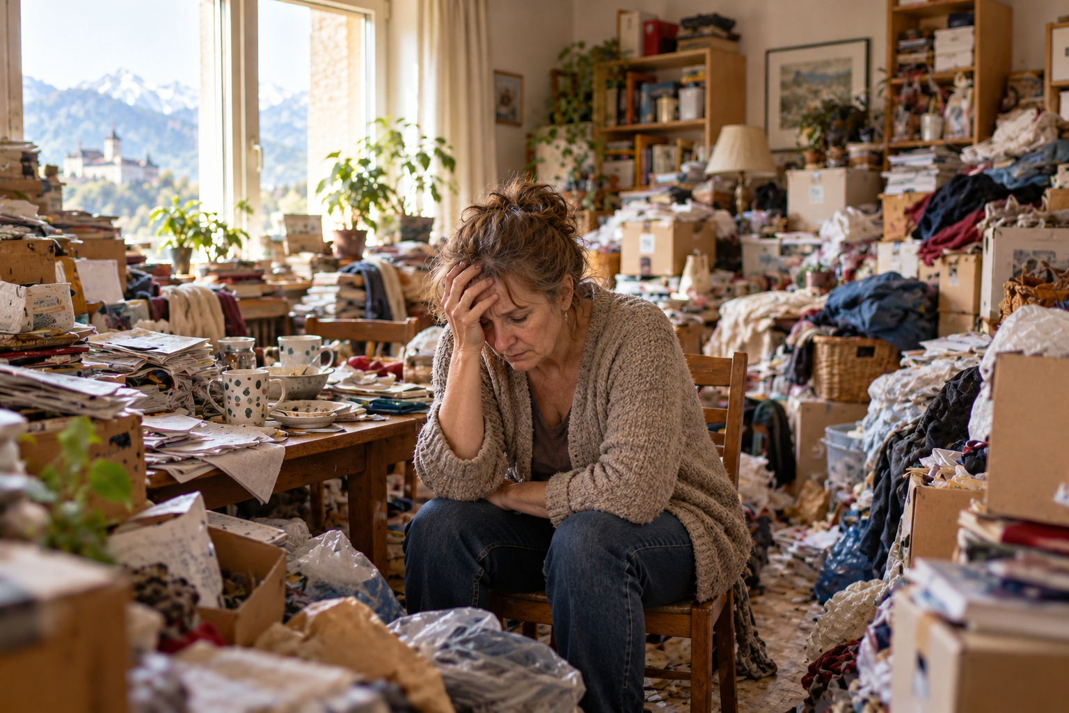 Symbolbild einer überforderten Frau in einer stark überfüllten Wohnung