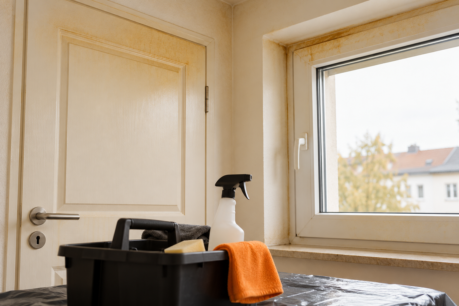 Symbolbild einer Wohnung mit gelblichen Ablagerungen an Tür und Fensterrahmen sowie vorbereiteter Reinigungsausrüstung