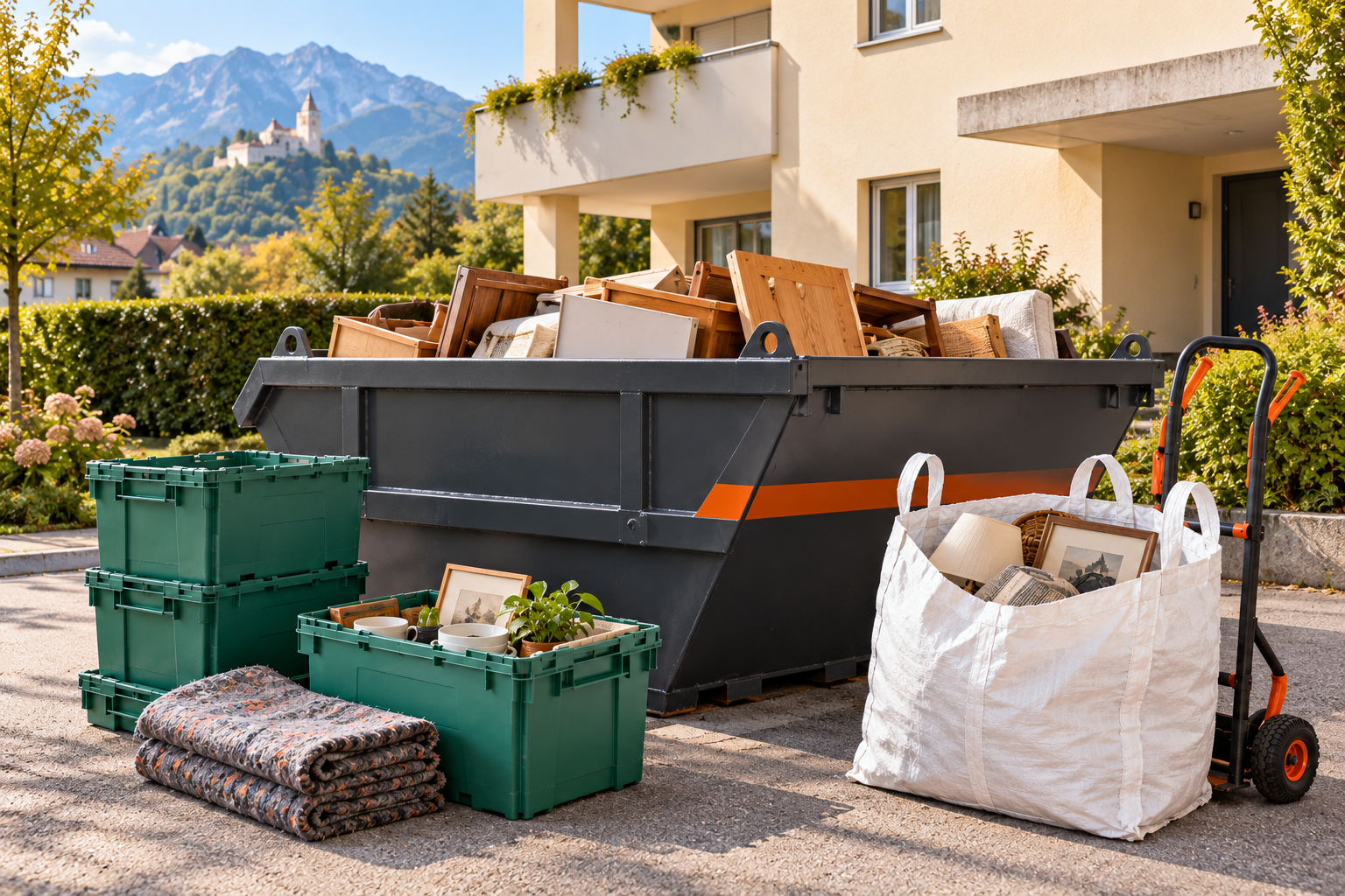 Symbolbild einer Räumung mit Mulde, Boxen und Big Bag vor einem Wohnhaus